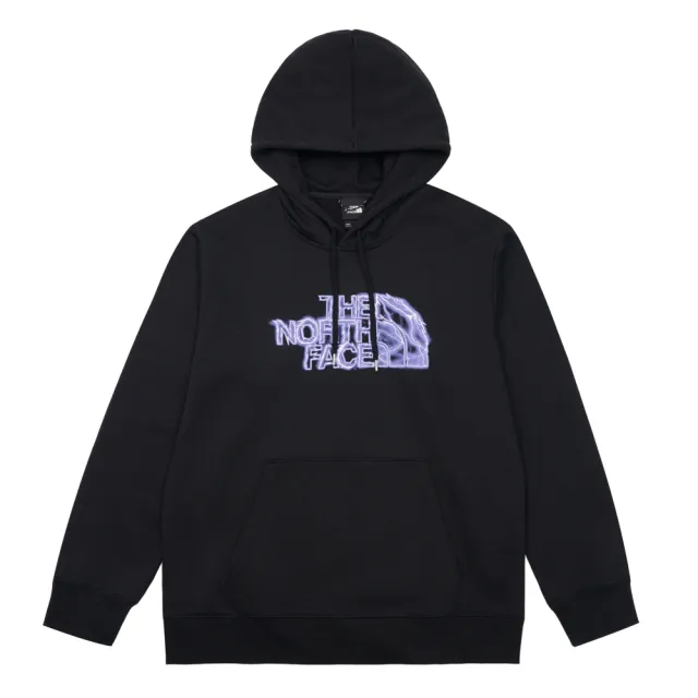 【The North Face】北面UE男款黑色純棉大尺寸閃電LOGO印花休閒長袖帽T｜8866JK3