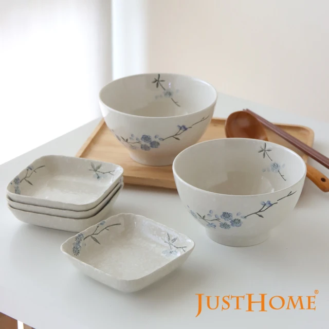 【Just Home】日式櫻花陶瓷6吋麵碗/湯碗+小菜盤 方盤-6件組(麵碗 湯碗 小菜盤 盤 碟)