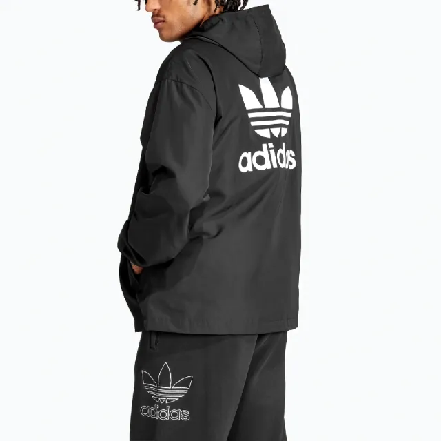 【adidas 愛迪達】外套 Trefoil Windbreaker 男款 黑 白 抽繩 大口袋 三葉草 連帽外套 愛迪達(IR9852)