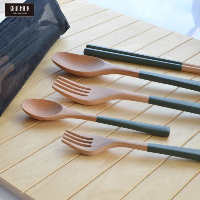 【SADOMAIN 仙德曼】露營原木餐具組(附收納網袋/露營/餐具組)