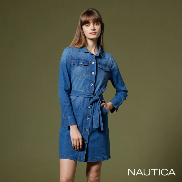 NAUTICA 女裝 牛仔刷色綁帶洋裝(深藍)