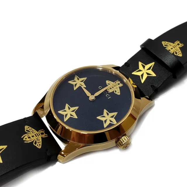 【GUCCI 古馳】508605 經典G-Timeless蜜蜂星星造型牛皮錶帶石英手錶(黑色-38mm)