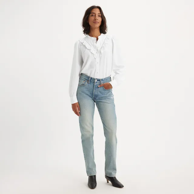【LEVIS】女款 501高腰合身排釦直筒牛仔長褲 / 有機面料 / 淺藍水洗 熱賣單品 A8423-0000