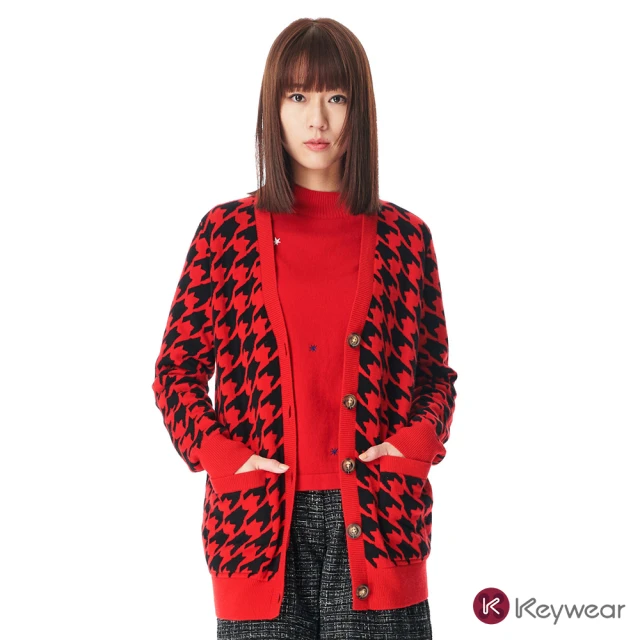 KeyWear 奇威名品 時尚千鳥格羊毛外套(紅色)