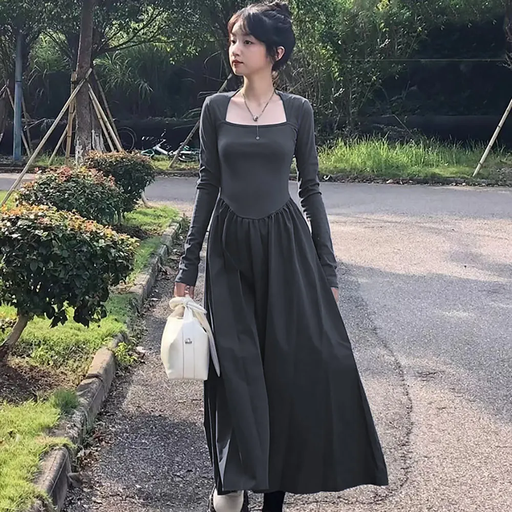 【JILLI-KO】法式赫本風顯瘦方領 洋裝 連衣裙 長裙-F(多款任選)