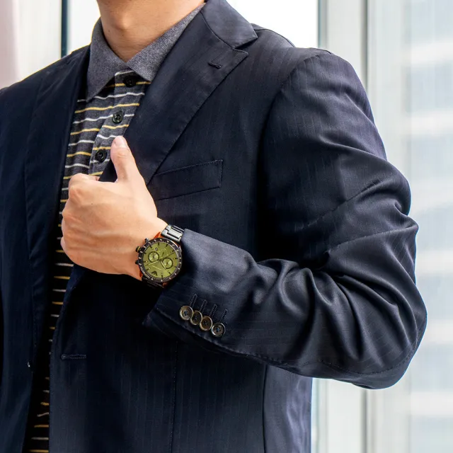 【EMPORIO ARMANI】亞曼尼 公司貨 引領風潮三眼計時不鏽鋼腕錶/黑x綠面(AR11548)