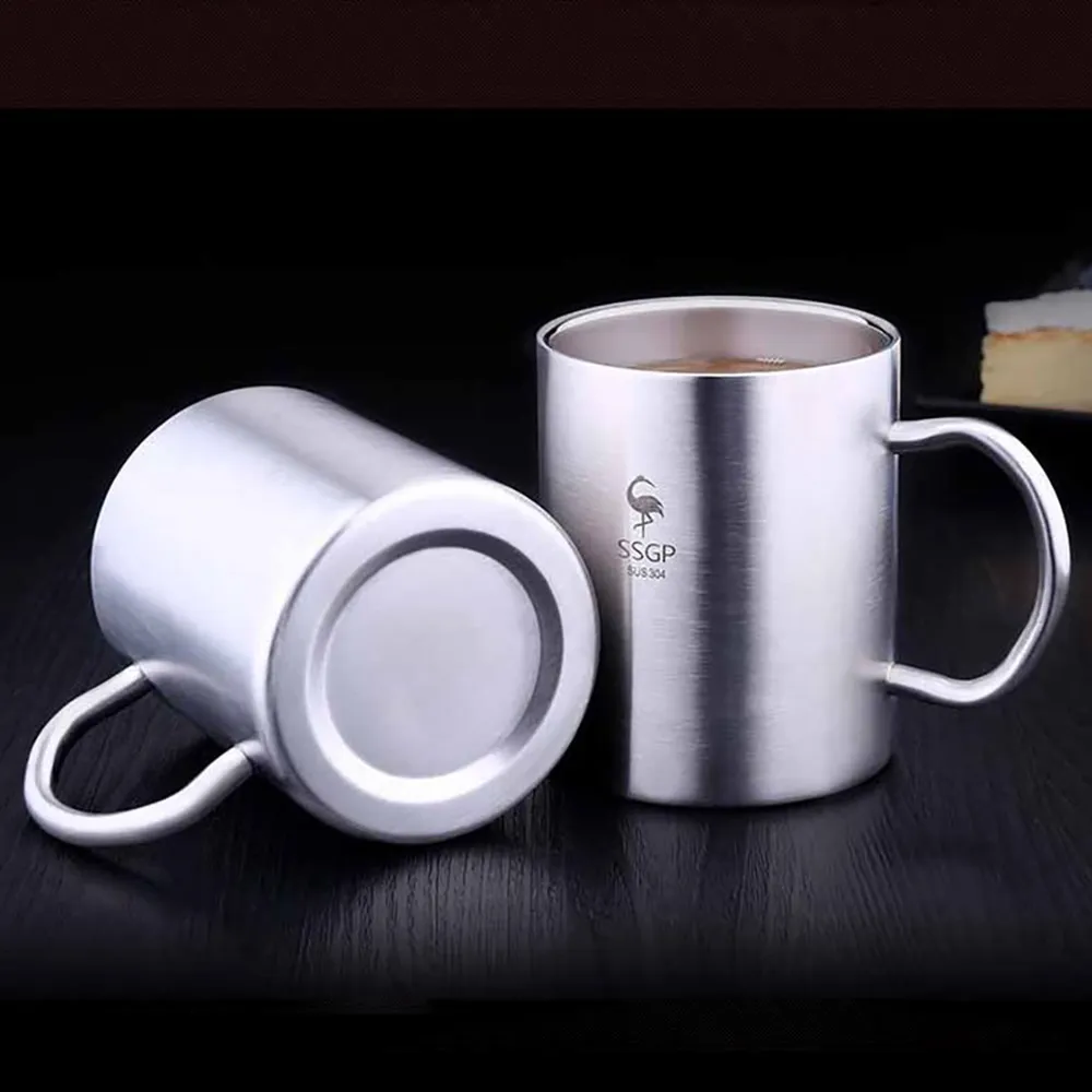 【ROYAL LIFE】買一送一 304德國工藝雙層防燙咖啡杯 (髮絲紋 含蓋 中空隔熱防燙 馬克杯 咖啡杯 水杯 露營)