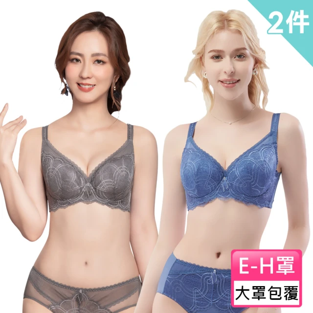 【Swear 思薇爾】2件組香緹女伶系列E-H罩蕾絲包覆大罩女內衣(灰+藍)