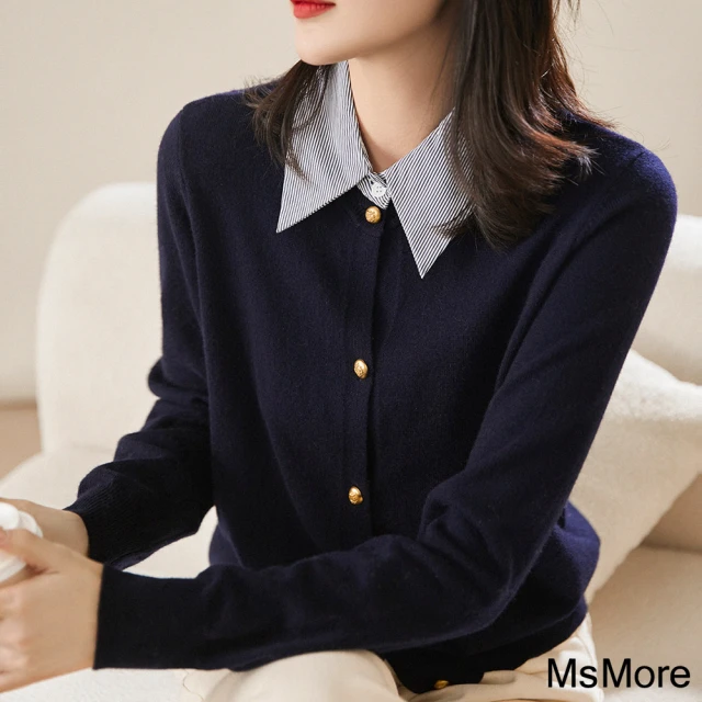 MsMore 大碼韓款長袖毛衣厚圍脖兩件套百搭寬鬆V領針織衫