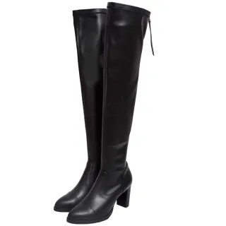 【Ann’S】辣妹逆天長腿-彈力皮革 後拉鍊粗跟高跟過膝靴8cm(黑)