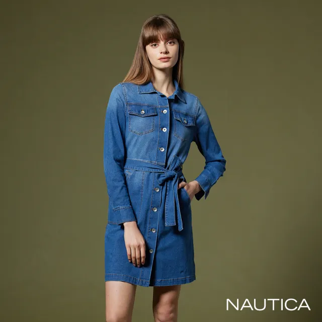 【NAUTICA】女裝 牛仔刷色綁帶洋裝(深藍)