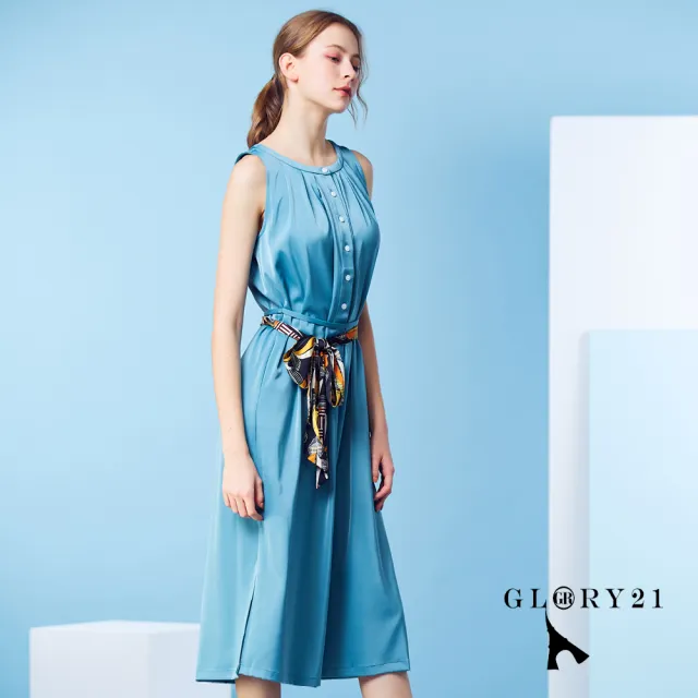 【GLORY21】速達-網路獨賣款-綁帶圍巾背心洋裝-附綁帶(藍色)