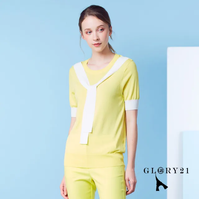 【GLORY21】速達-網路獨賣款-胸前綁帶造型針織上衣(黃色)