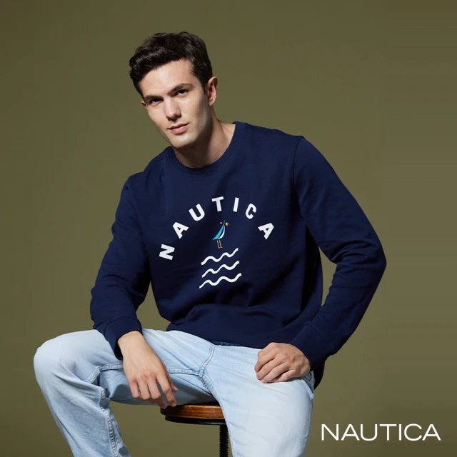 NAUTICA 男裝 品牌文字刺繡跳色拼接長袖POLO衫(深