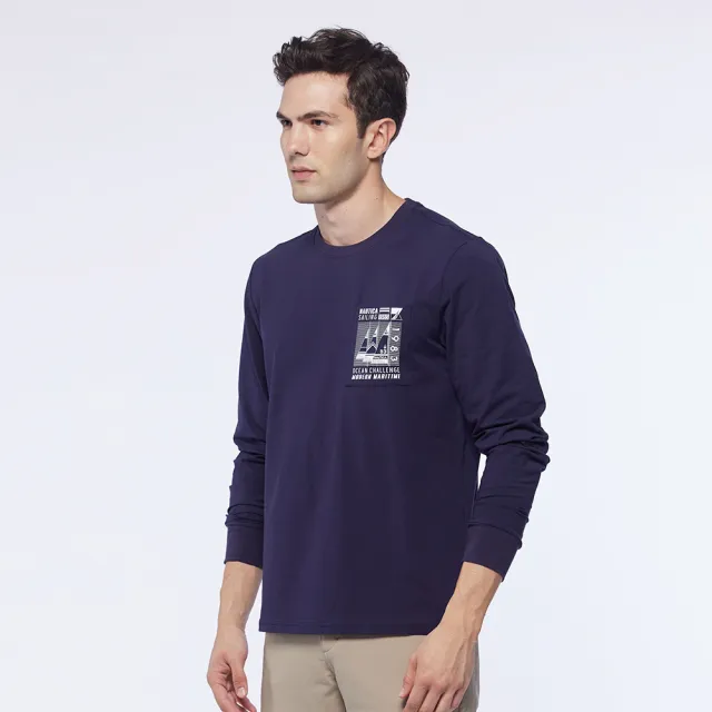 【NAUTICA】男裝 品牌帆船印花口袋長袖T恤(藍)