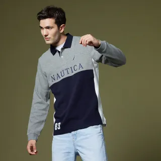 【NAUTICA】男裝 跳色拼貼休閒長袖POLO衫(灰)