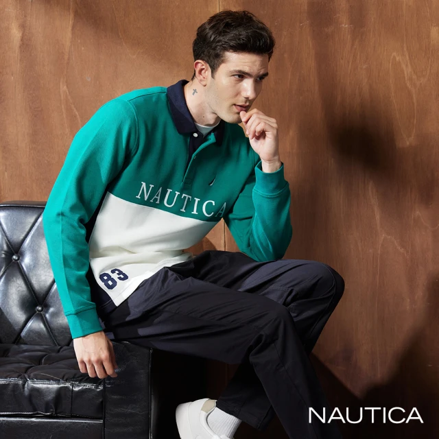 NAUTICA 男裝 跳色拼貼休閒長袖POLO衫(綠)