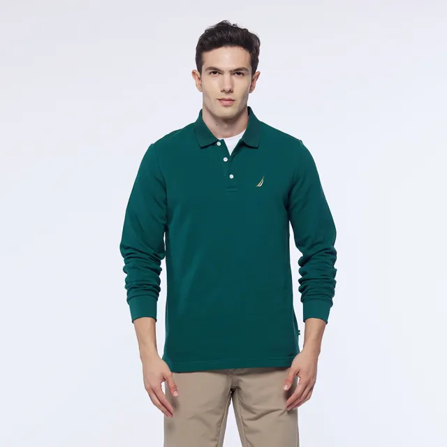【NAUTICA】男裝 品牌LOGO簡約刺繡長袖POLO衫(綠)