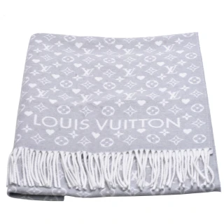 【Louis Vuitton 路易威登】M77641 經典GAME ON雙色Monogram圖案喀什米爾羊毛流蘇圍巾(灰色)