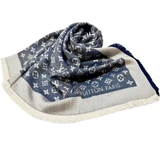 【Louis Vuitton 路易威登】M71376 經典Monogram Denim花紋羊毛絲綢披肩/圍巾(全新展示品-藍色)