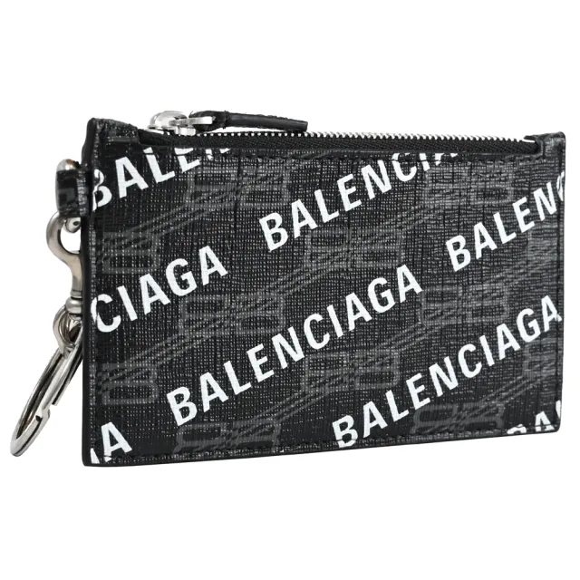 【Balenciaga 巴黎世家】經典品牌LOGO印花拼接可拆斜背/掛式信用卡零錢包(黑)