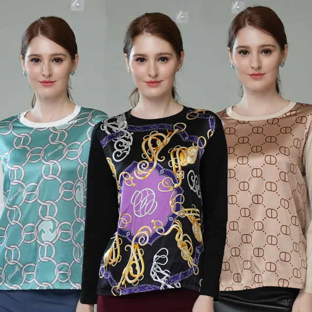 【御絹坊】拼接緞面印花蠶絲上衣