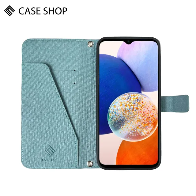 【CASE SHOP】Samsung A15 前收納皮套背帶組-藍(內附背帶掛繩、解放你的雙手)