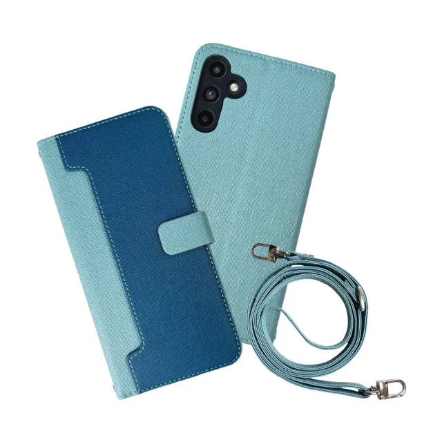 【CASE SHOP】Samsung A15 前收納皮套背帶組-藍(內附背帶掛繩、解放你的雙手)