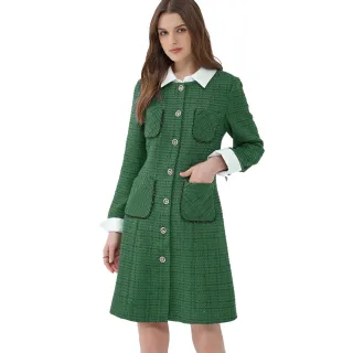 【ILEY 伊蕾】粗花呢小香格紋開襟洋裝(綠色；M-XL；1234017027)