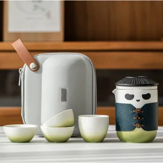 【Life shop】熊貓大俠旅行茶具套組/附收納包(交換禮物 茶具 旅行茶具 隨身泡茶組 泡茶 簡易泡茶)