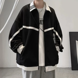 【D.studio】韓版美式內刷毛拼接撞色寬鬆翻領夾克(棒球外套 男裝 長袖上衣 寬鬆上衣 外套  J329)