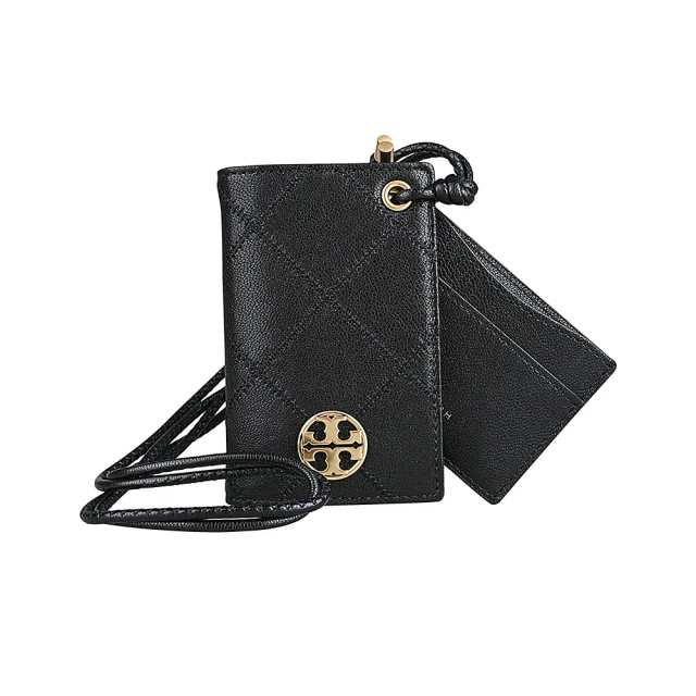 TORY BURCH Willa金色圓牌LOGO菱格紋皮革掛繩卡片夾(黑)