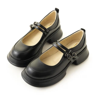 【amai】復古學院風雙帶厚底瑪麗珍鞋 娃娃鞋 粗跟 厚底 瑪莉珍 時尚 百搭 英倫風 大尺碼 GC65BK(黑色)
