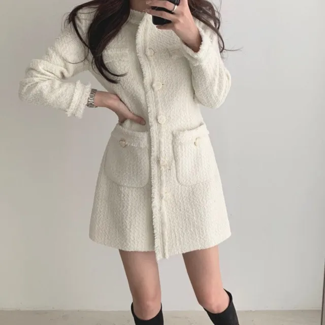 【baibeauty 白鳥麗子】法式毛呢拼接流蘇單排扣長袖洋裝(連身裙)