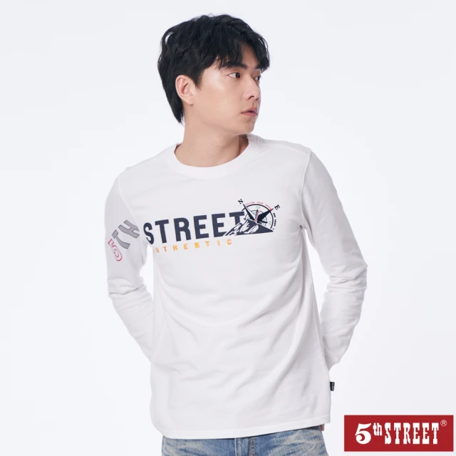 5th STREET 男裝連袖印花長袖T恤-白色折扣推薦
