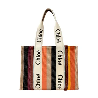 【Chloe’ 蔻依】CHC22US383H312ZA 經典中號 Woody tote bag帆布皮革飾邊手提/肩背購物包(彩色)