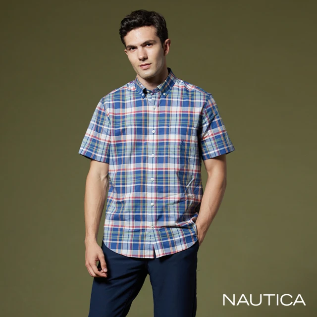 NAUTICA 男裝 跳色格紋休閒短袖襯衫(藍)