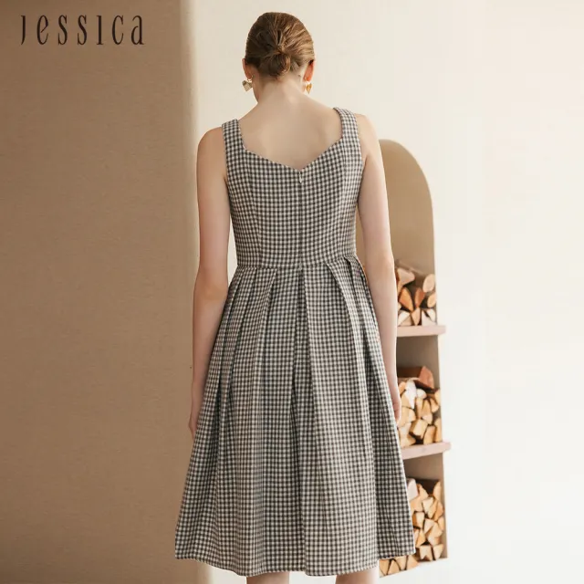 【JESSICA】復古甜美羊毛格紋皺褶寬裙擺無袖洋裝235703