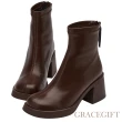【Grace Gift】比例甜心圓頭後拉鏈中高跟靴