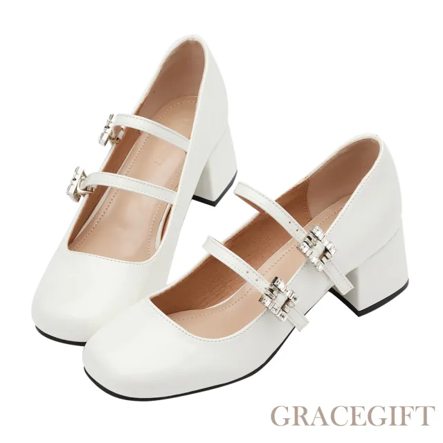 【Grace Gift】甜美水鑽雙帶中跟瑪莉珍鞋