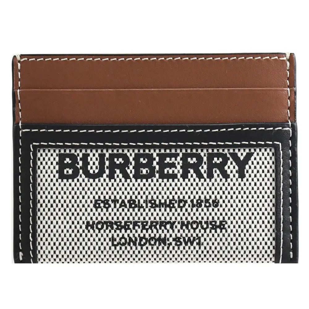【BURBERRY 巴寶莉】英系經典棉麻拼接牛皮信用卡名片證件隨身卡(咖邊)