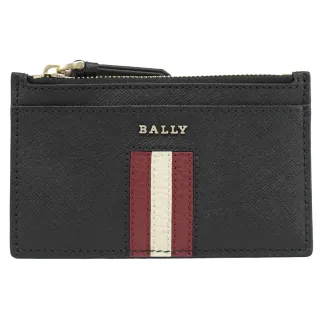 【BALLY】經典LOGO紅白紅條紋牛皮信用卡證件名片零錢包(黑)