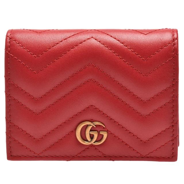 【GUCCI 古馳】GG Marmont matelasse系列絎縫紋牛皮金屬雙G LOGO暗釦卡夾/零錢包(芙蓉紅466492-DRW1T-6433)