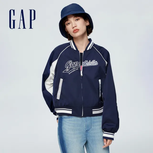 【GAP】女裝 Logo立領短版棒球外套-海軍藍(888453)