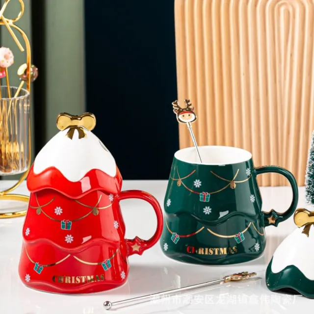 【TWBUY 台灣好購】聖誕樹陶瓷杯(交換禮物 聖誕樹馬克杯 附蓋子攪拌棒 聖誕咖啡杯 彩盒包裝)