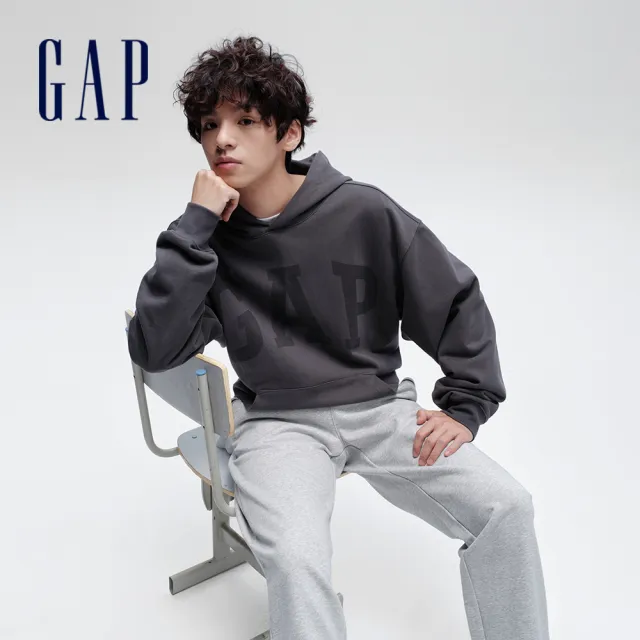 【GAP】男女同款 Logo帽T-黑灰色(892188)