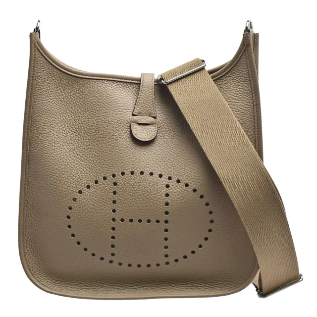 【Hermes 愛馬仕】Evelyne III 29系列荔枝紋小牛皮鏤空洞H LOGO肩背包(米灰色H056277CK-BEIGE)