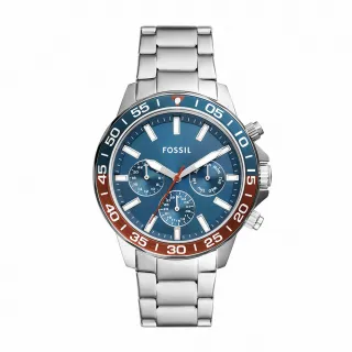 【FOSSIL 官方旗艦館】Bannon 碧藍撞色三眼指針手錶 銀色不鏽鋼錶帶 45MM BQ2842