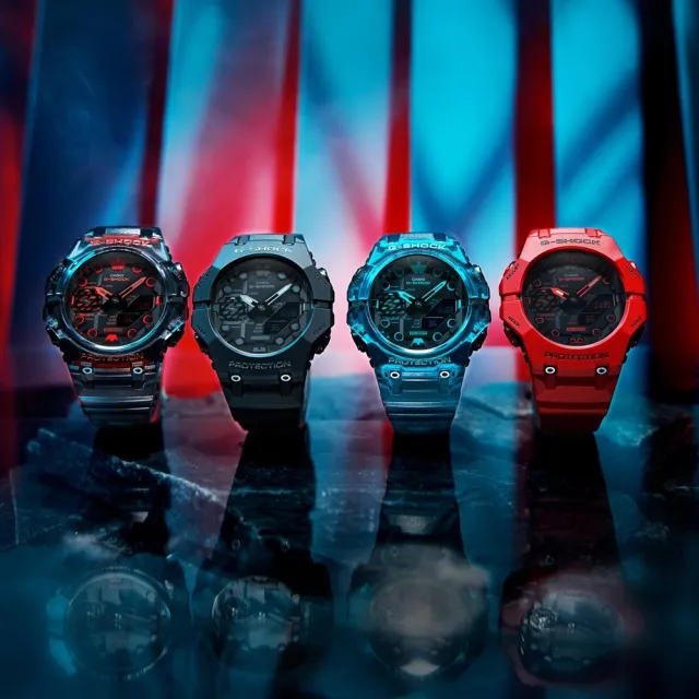 【CASIO 卡西歐】G-SHOCK 藍牙 碳纖維核心防護 半透明 機械戰甲 科幻炫黑紅(GA-B001G-1A)