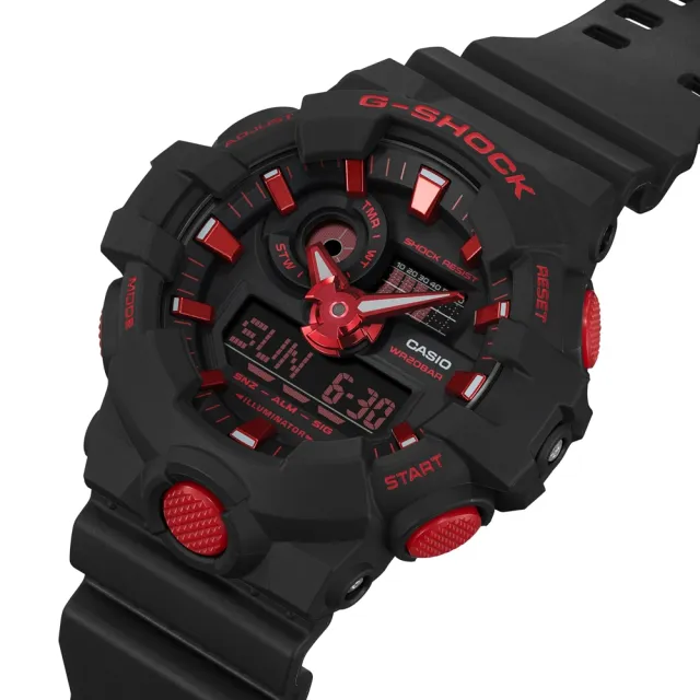 【CASIO 卡西歐】G-SHOCK 經典雙色 酷黑焰紅 大錶徑 雙顯系列_53.4mm(GA-700BNR-1A)